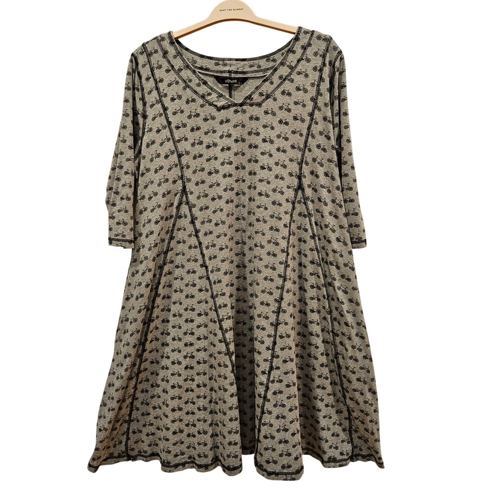 eShakti Womens XL-18 Bicycle Print A-Line Dress Grey V-Neck 3/4 Sleeve Cotton